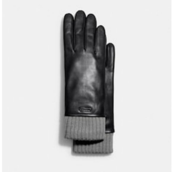 COACH -!BRAND NEW W`TAGS BLACK LEATHER KNIT CUFF GLOVES. - Picture 1 of 5